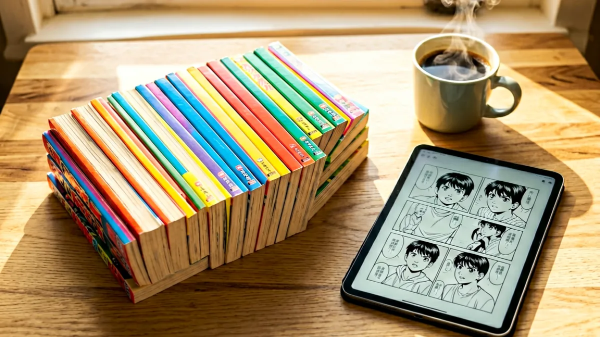漫画书桌上摆放着多部热门漫画单行本，旁边是一杯咖啡和一台平板电脑，暖色调室内光线营造出轻松阅读氛围