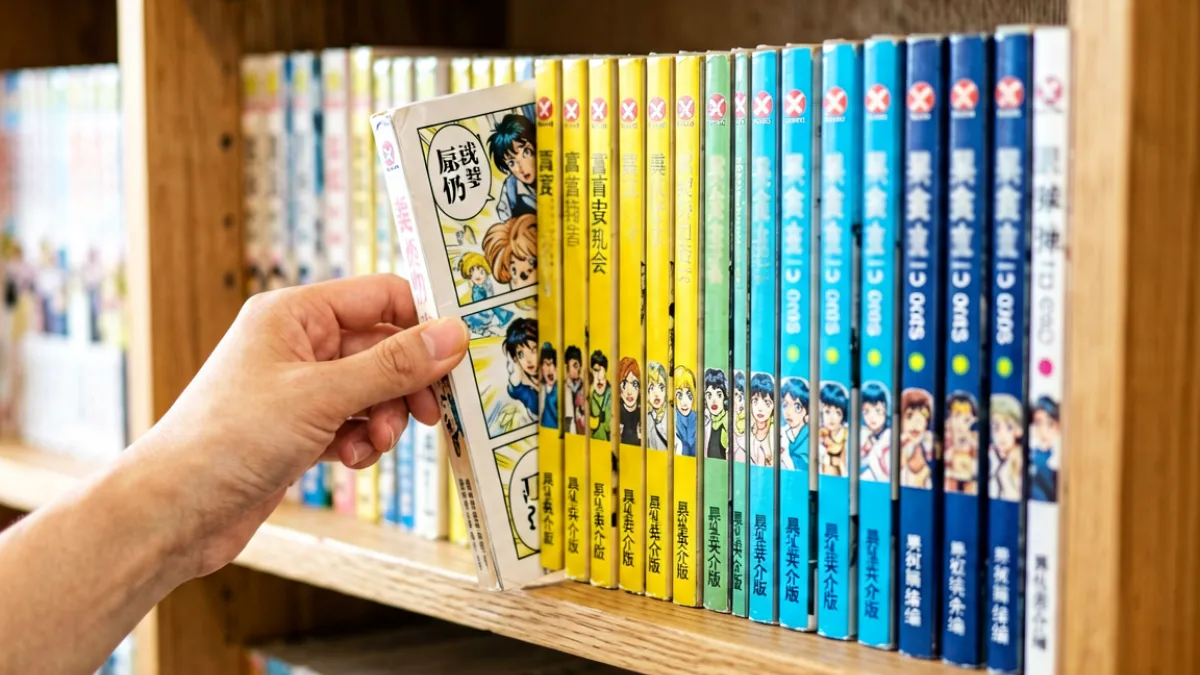 一排整齐的漫画书架特写，各类日系和国产漫画竖立排列，书脊颜色丰富，前景有手正在抽出一本