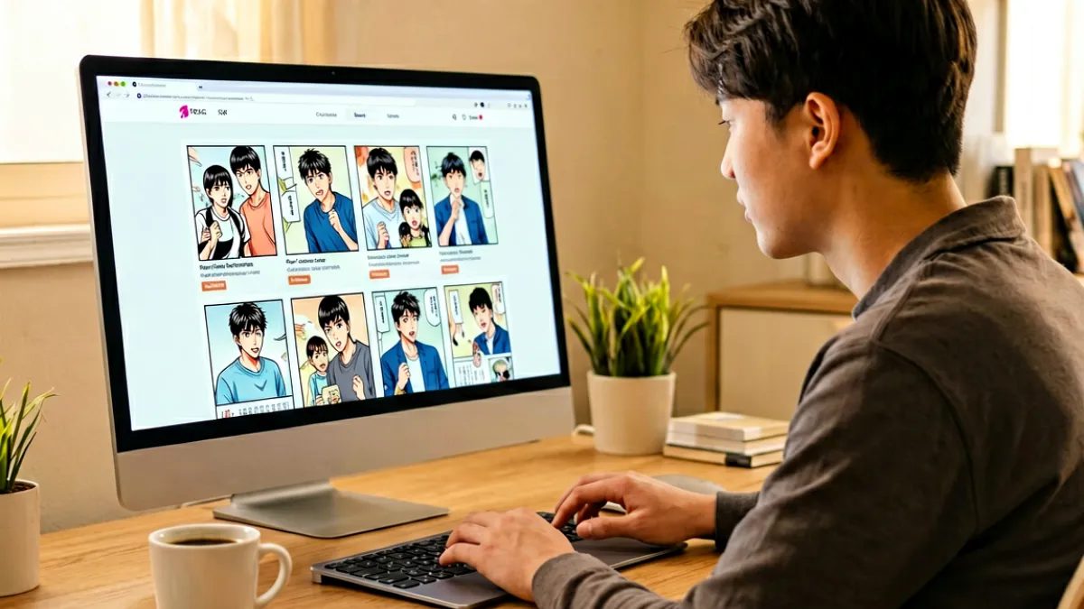 读者坐在电脑屏幕前，屏幕上显示着jmcomic官网的界面，正在用手指滑动浏览漫画列表页面
