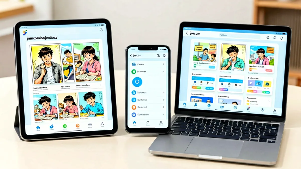 多台设备屏幕上同时显示jmcomic官网的不同功能页面，包含阅读器和设置面板并列对比