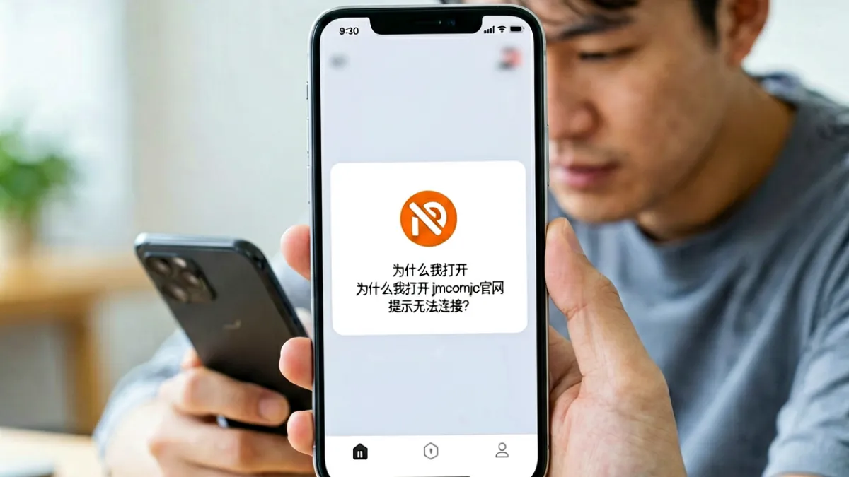 手机屏幕上显示网络断开的错误提示页面，背景虚化呈现一位用户正皱眉查看手机的状态